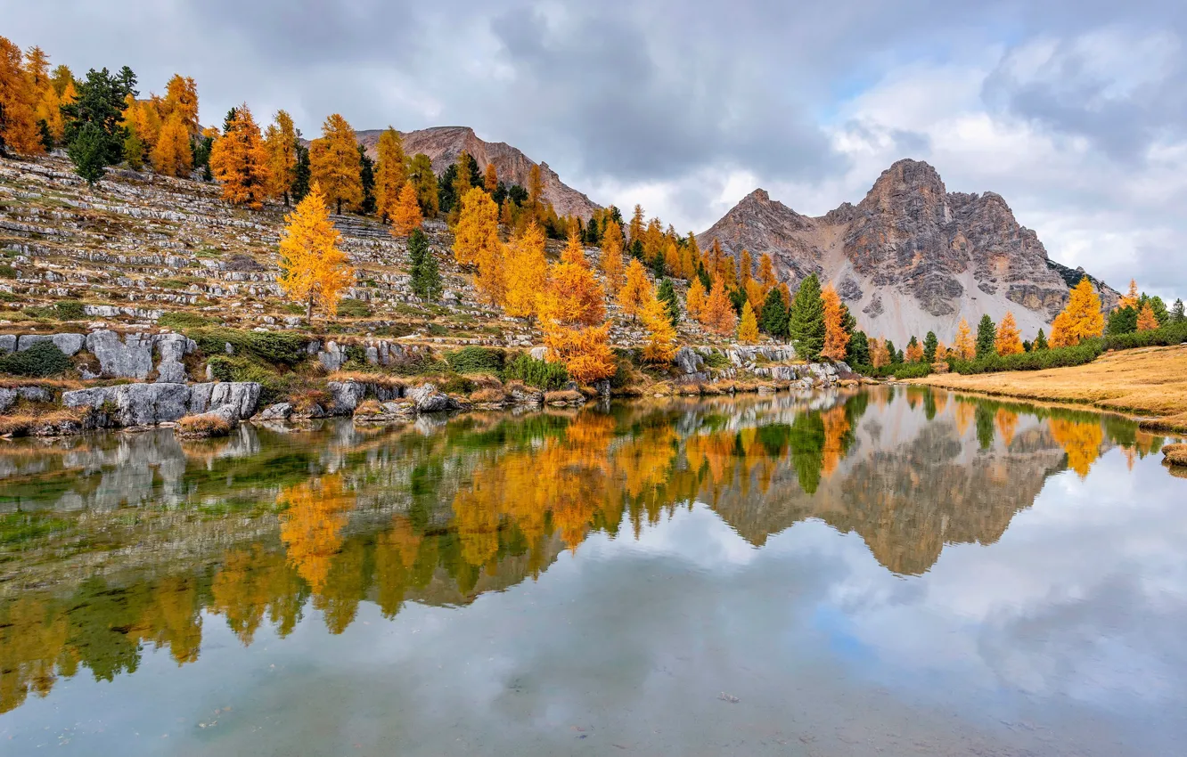 Photo wallpaper autumn, clouds, trees, mountains, lake, reflection, river, Italy