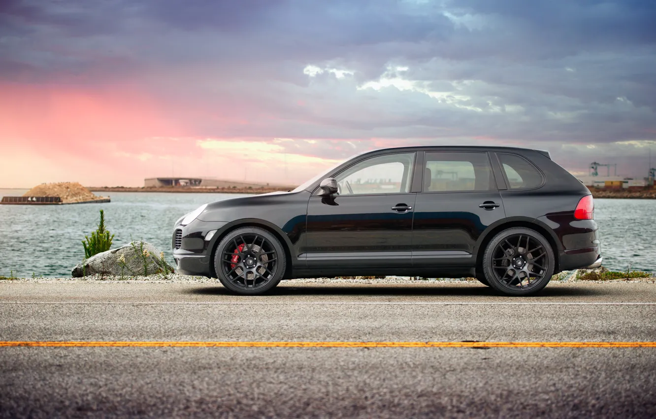 Photo wallpaper sunset, black, port, profile, cayenne, porsche, Porsche, black