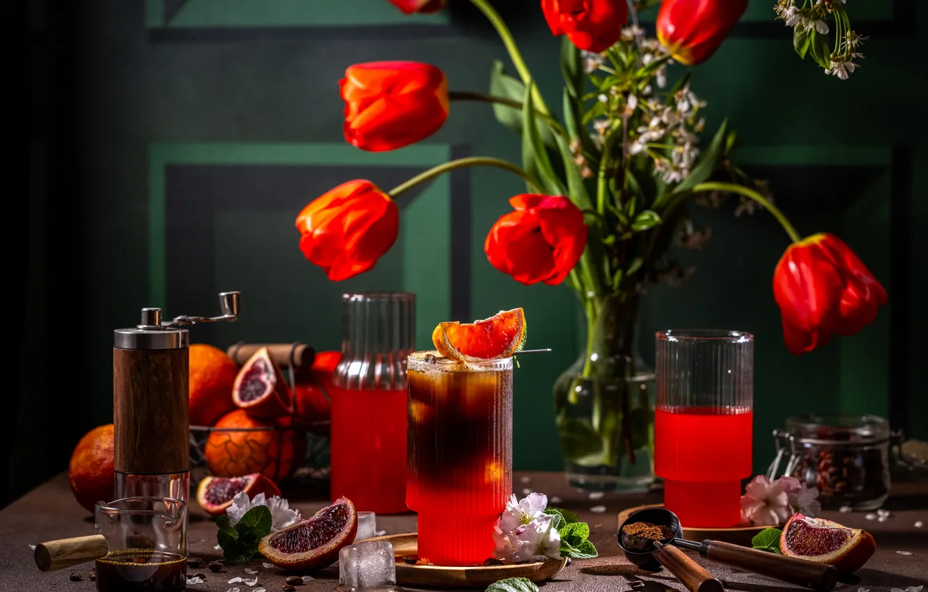 Photo wallpaper glass, table, tea, tulips, drink