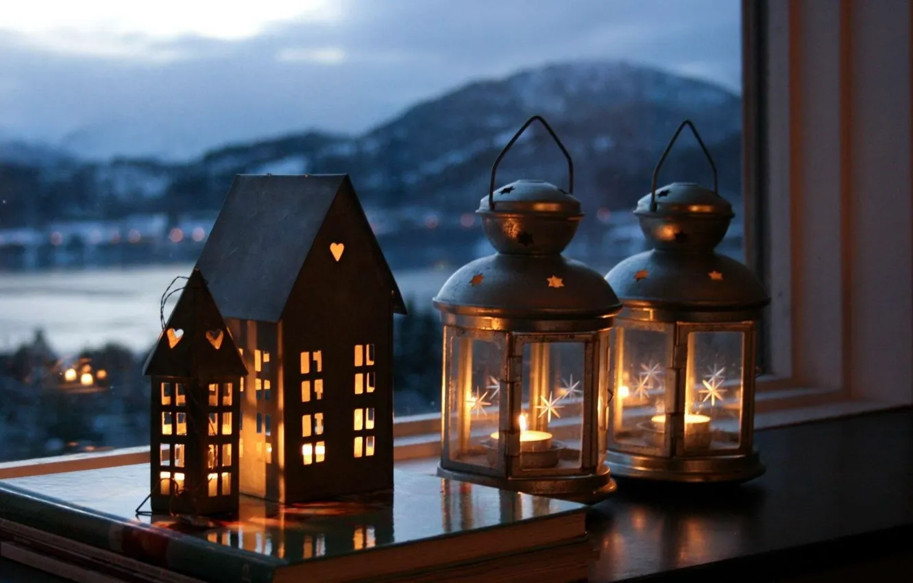 Photo wallpaper the city, lamp, mood, the evening, candles, window