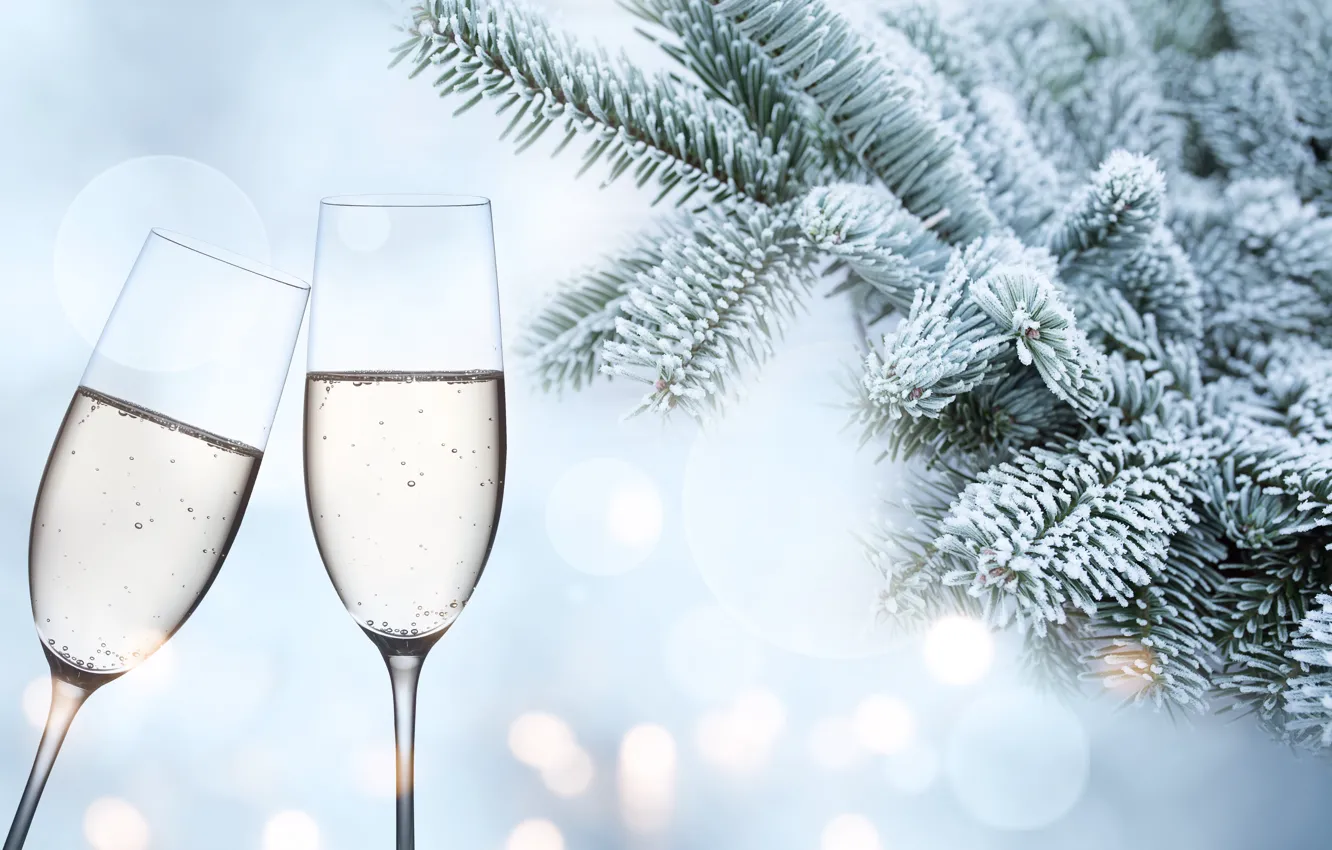 Photo wallpaper winter, snow, branches, tree, New Year, glasses, frost, champagne