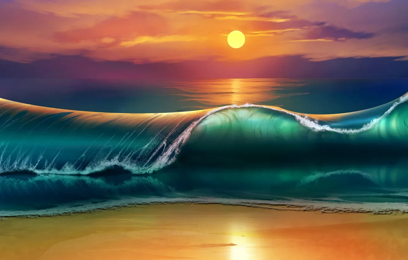 Photo wallpaper sea, wave, beach, sunset, waves, beach, sea, sunset