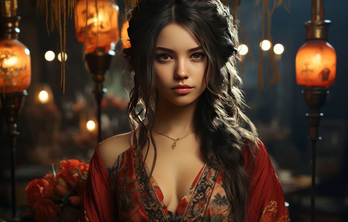 Photo wallpaper brunette, lights, beauty, neckline, digital art, digital art, female portrait, AI art