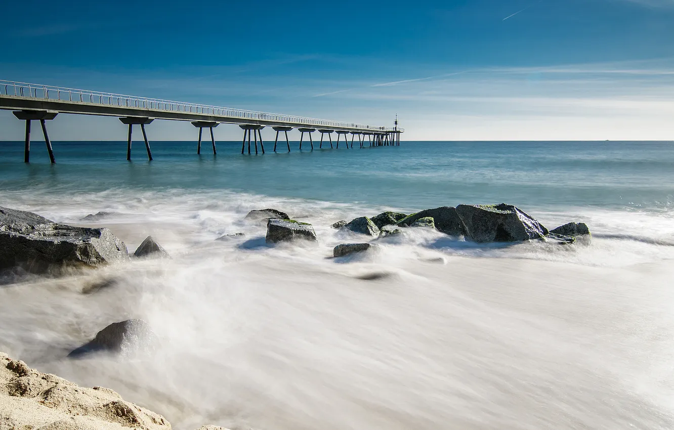 Photo wallpaper sea, the sky, clouds, stones, shore, pierce