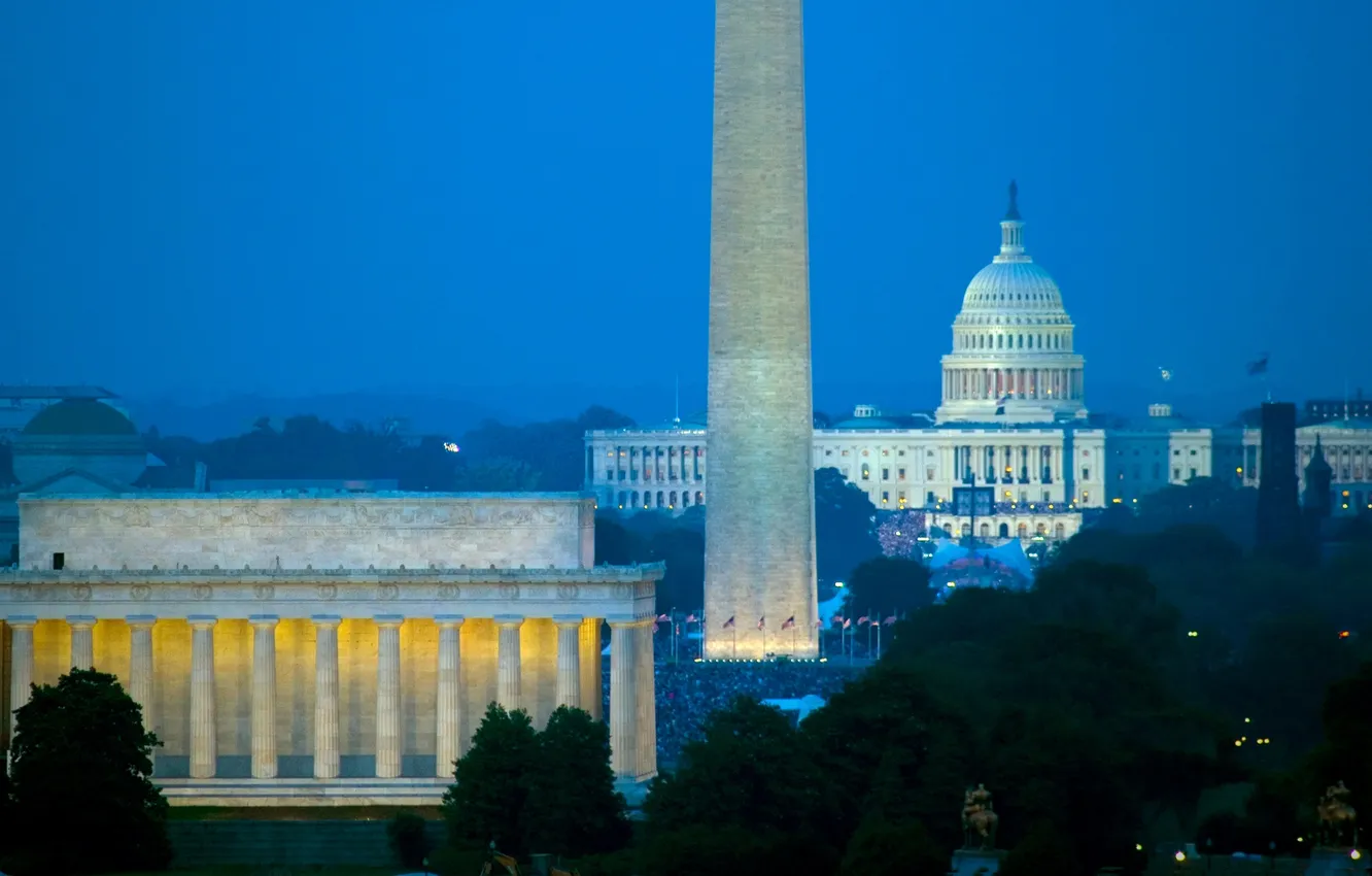 Photo wallpaper trees, night, lights, Washington, USA, obelisk, the Washington monument, the Lincoln memorial