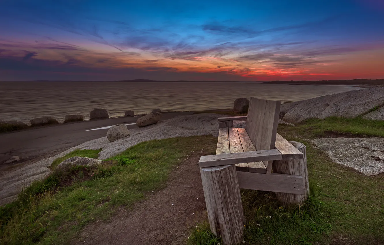 Photo wallpaper sea, sunset, bench
