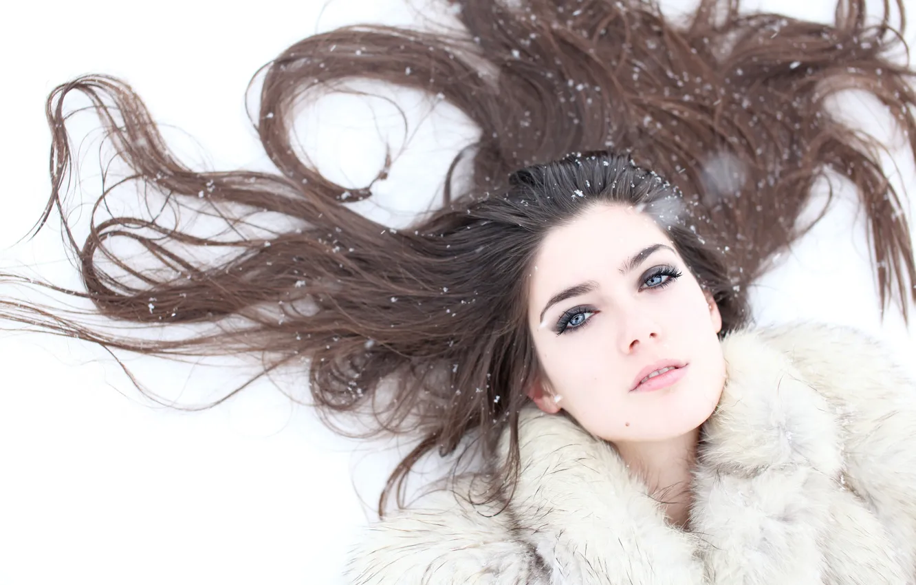Photo wallpaper winter, snow, snowflakes, hair, brunette, coat