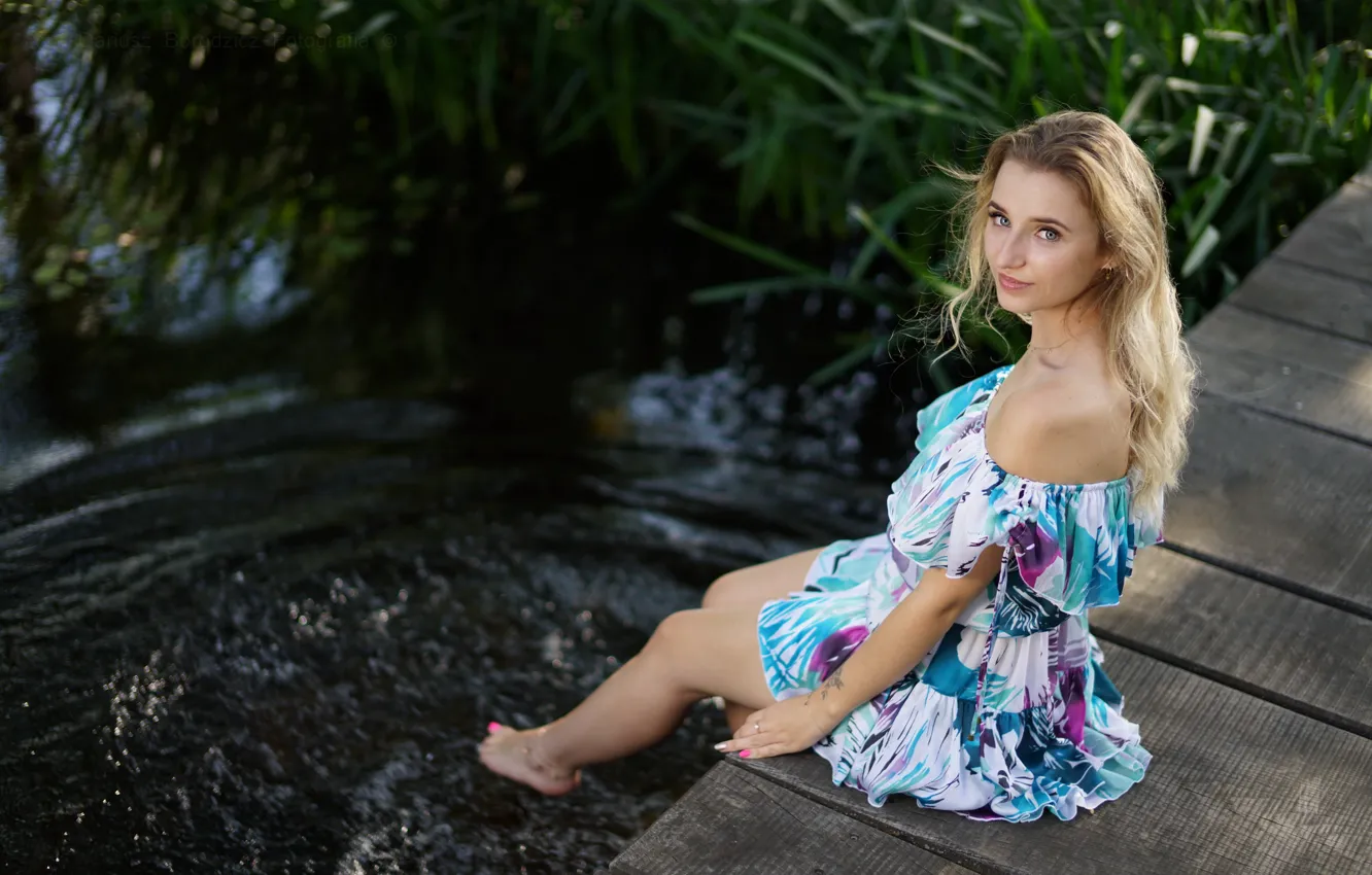 Photo wallpaper grass, look, water, girl, Board, barefoot, dress, blonde
