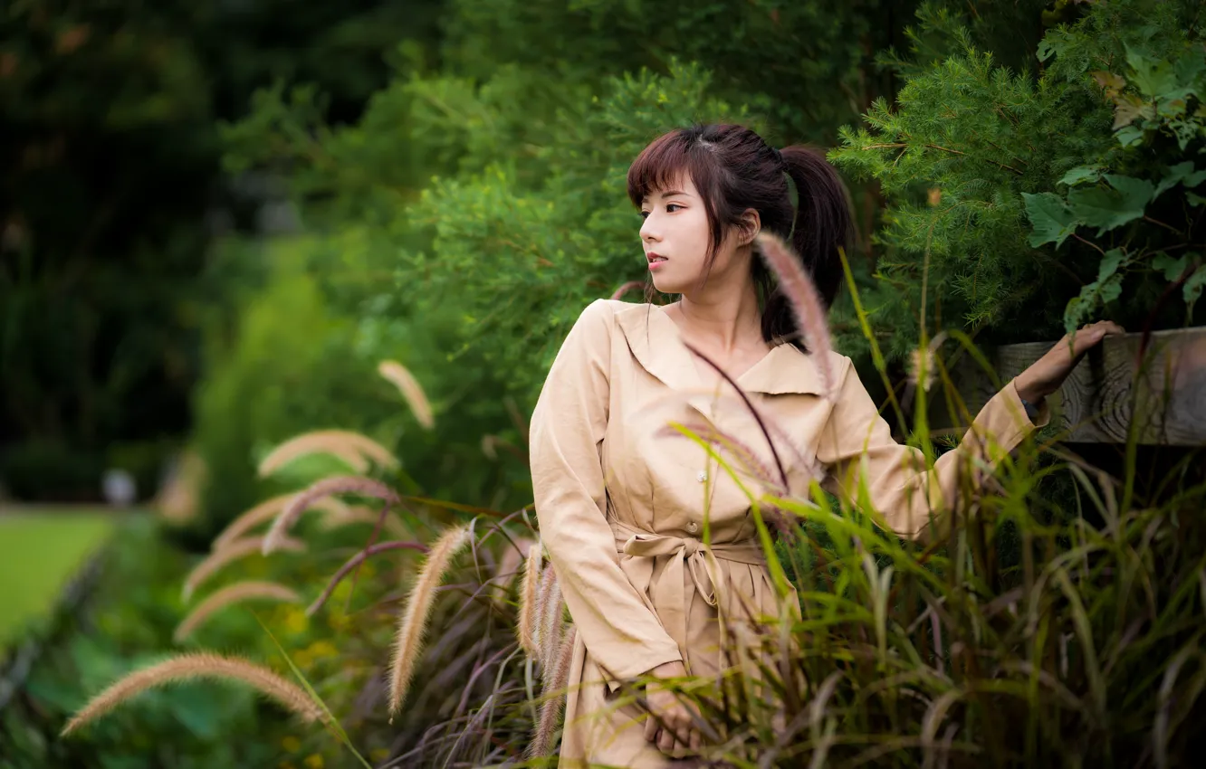Photo wallpaper girl, Asian, cloak, cutie, bokeh