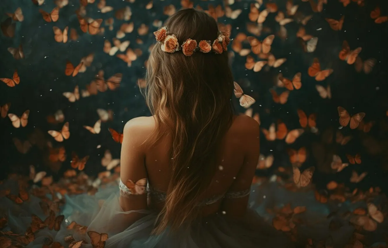 Photo wallpaper girl, butterfly, digital art, a wreath of roses