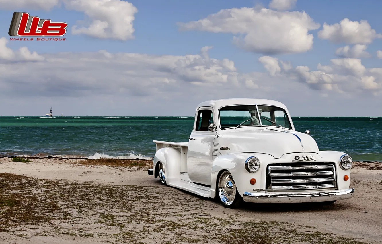 Photo wallpaper white, beach, the sky, clouds, retro, shore, tuning, pickup