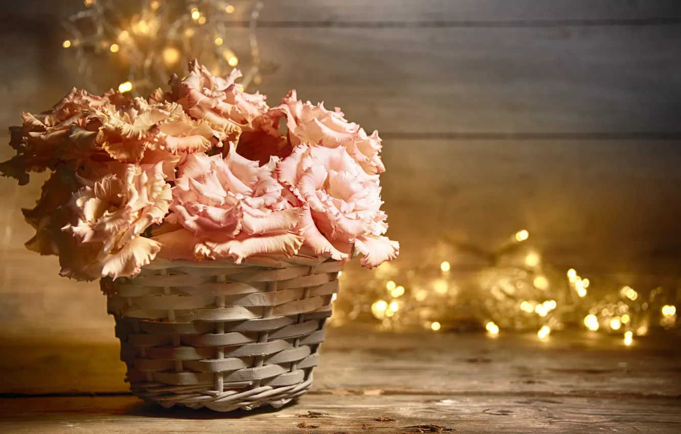 Photo wallpaper flowers, background, bouquet, basket, eustoma, Morganval
