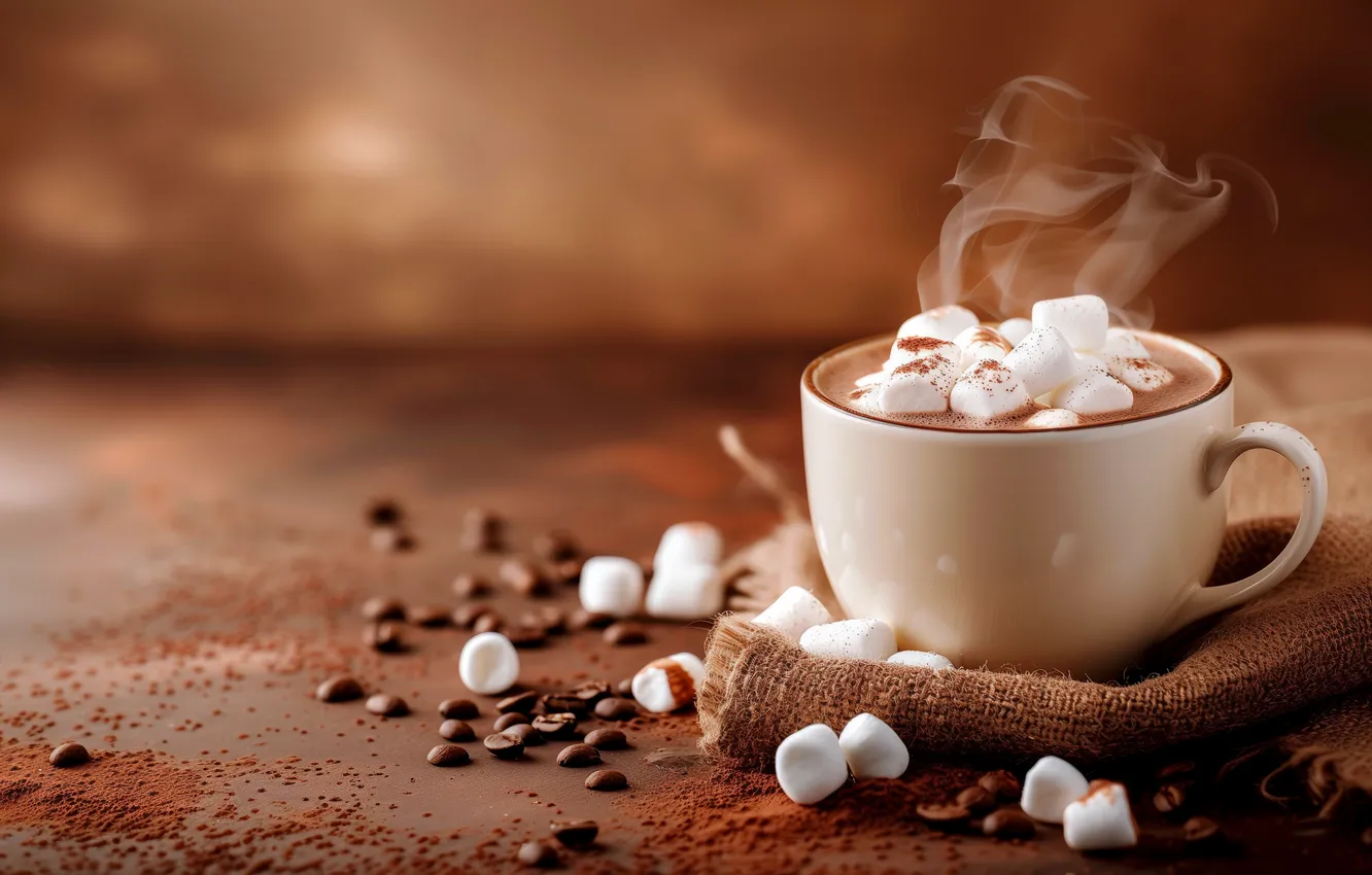 Photo wallpaper coffee, Heat, Steam, marshmallows, hot cocoa