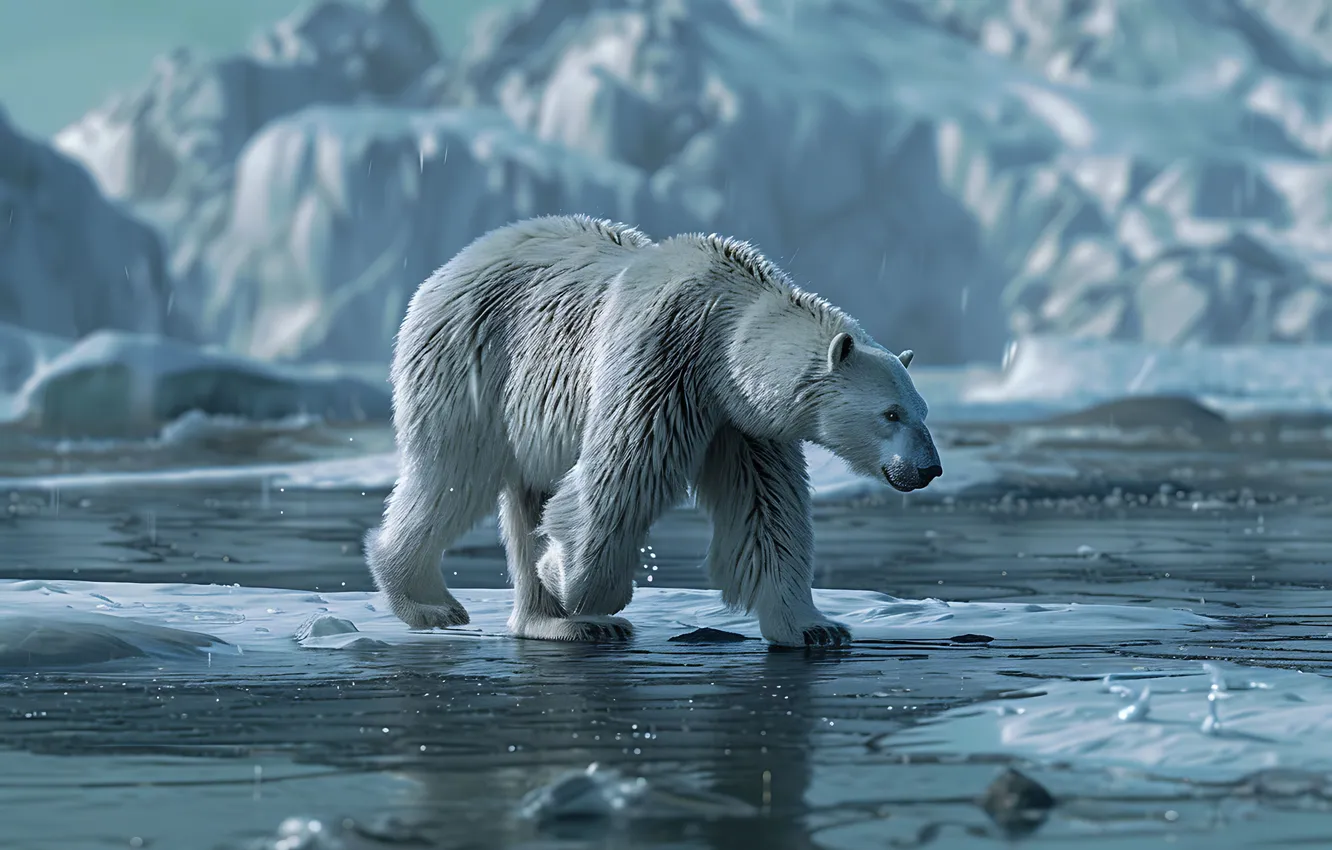Photo wallpaper Water, Winter, Snow, Ice, Bear, Predator, Polar bear, Digital art
