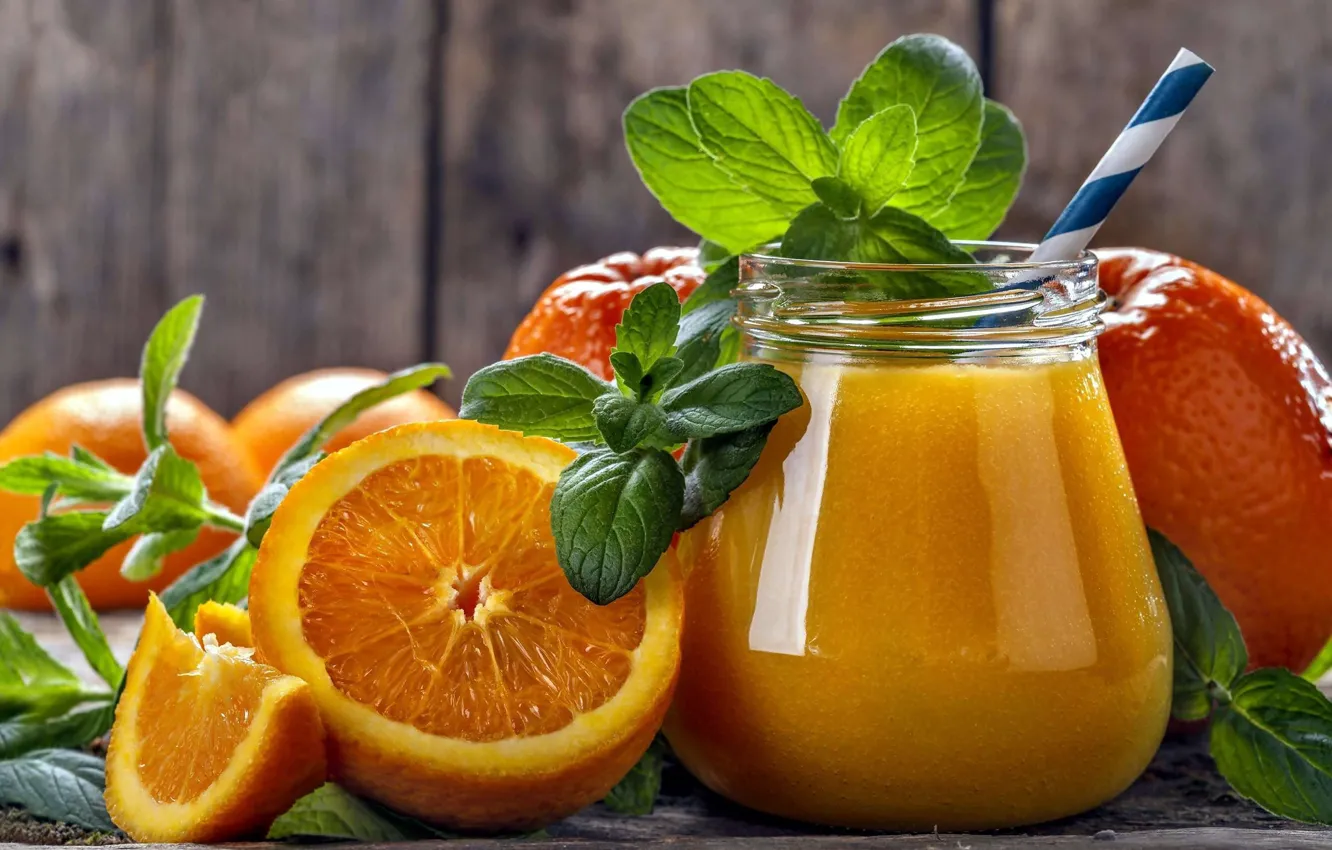 Photo wallpaper oranges, juice, drink, mint, fresh
