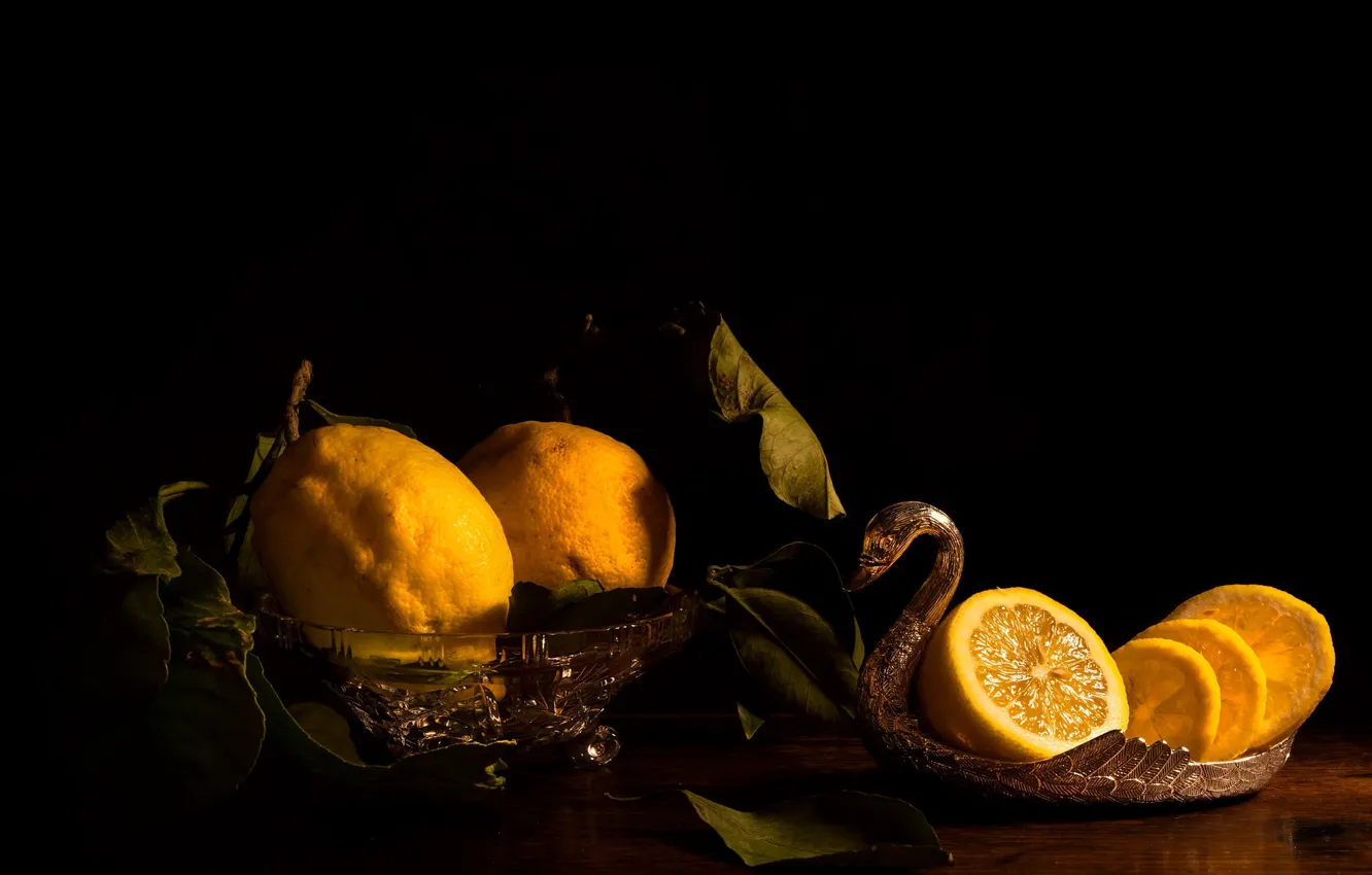 Photo wallpaper leaves, light, metal, the dark background, table, lemon, fruit, black background