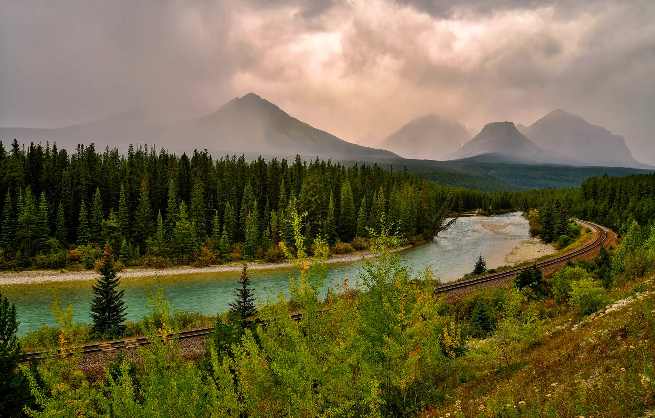 Photo wallpaper road, forest, the sky, clouds, mountains, river, rails