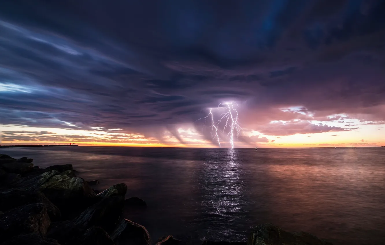 Photo wallpaper the sky, light, clouds, stones, lightning