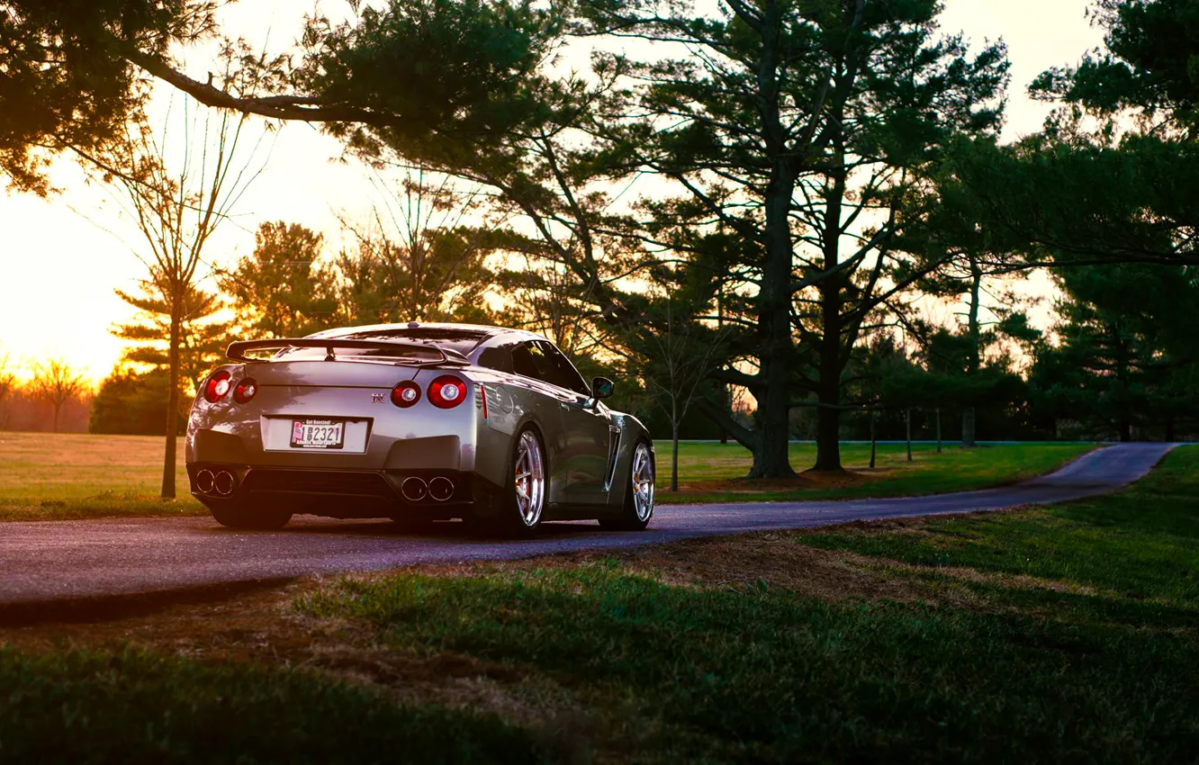 Photo wallpaper Nissan, GT-R, Grass, Sun, Back, R35, Summer, Road