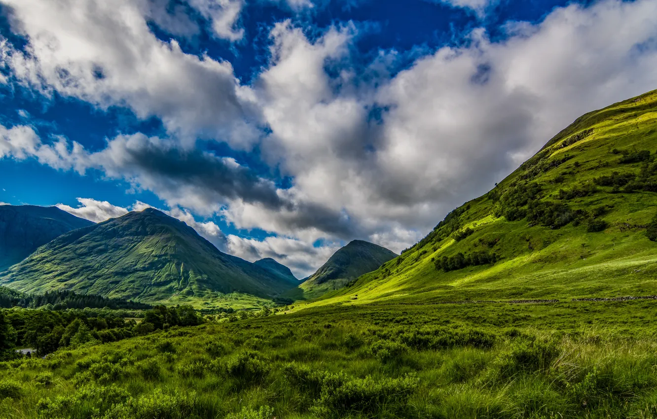 Photo wallpaper grass, clouds, mountains, nature, England, valley