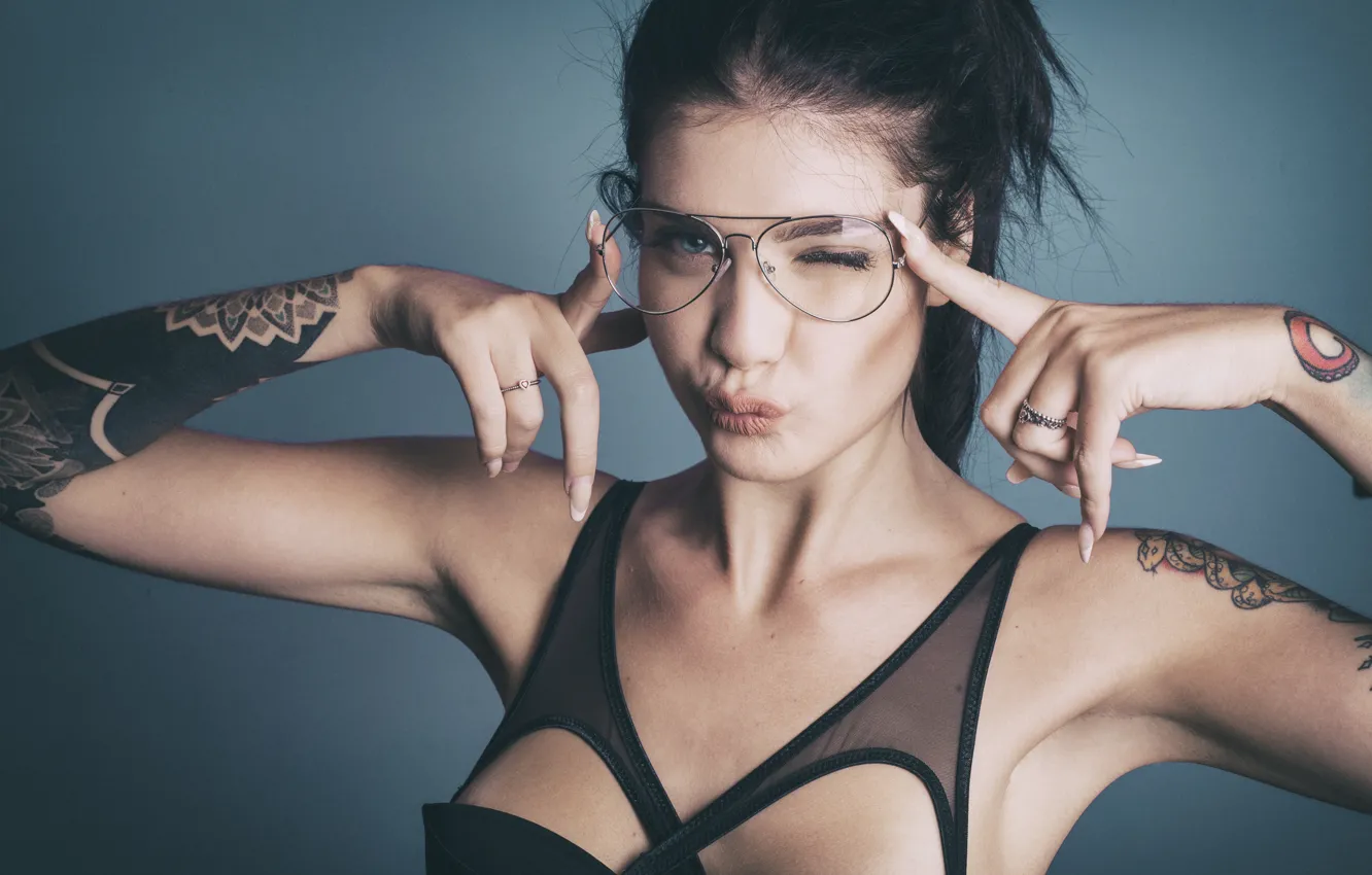Photo wallpaper girl, face, style, mood, model, hands, tattoo, glasses