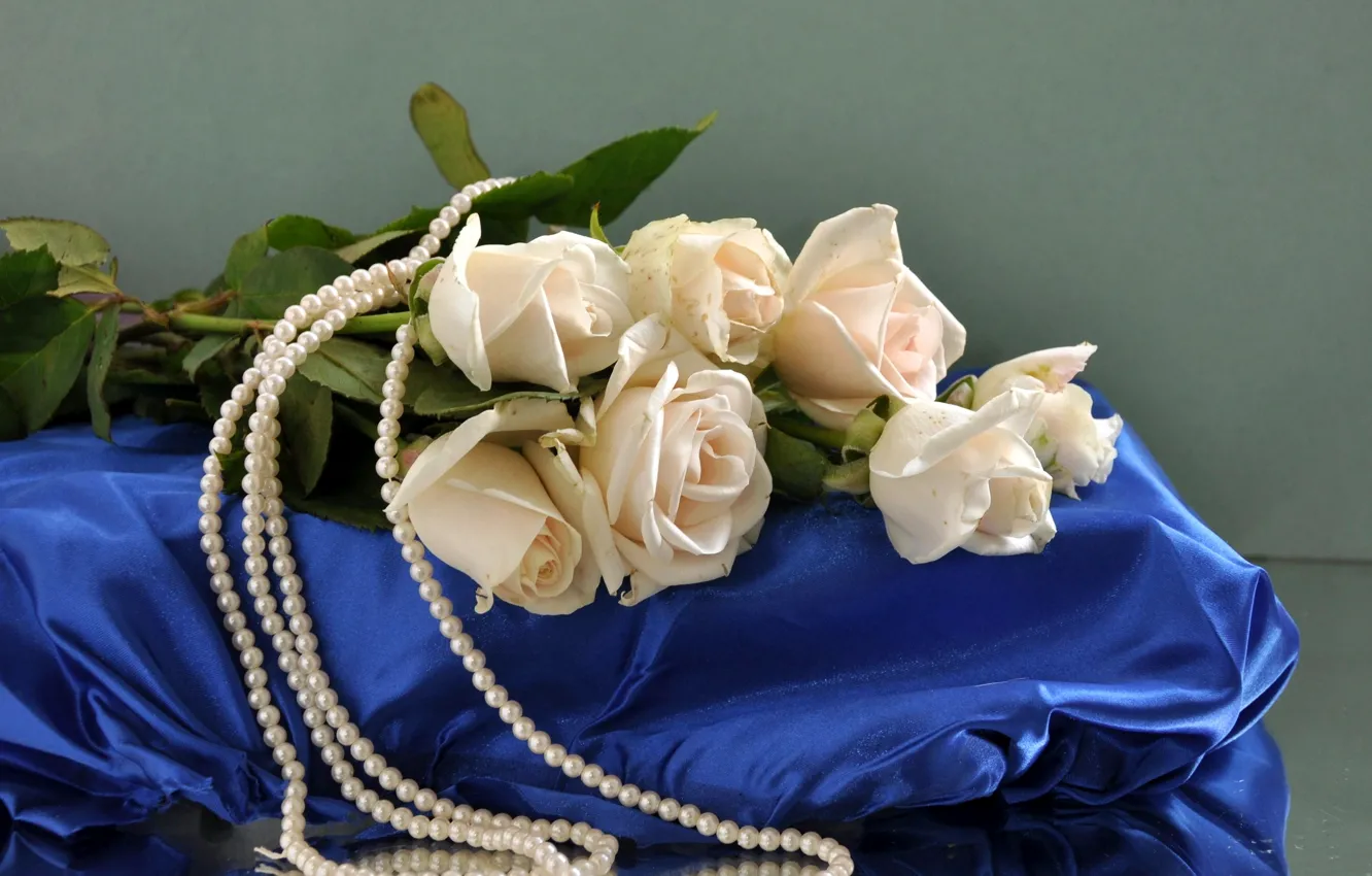 Photo wallpaper flower, flowers, roses, bouquet, silk, pearl, beads, white
