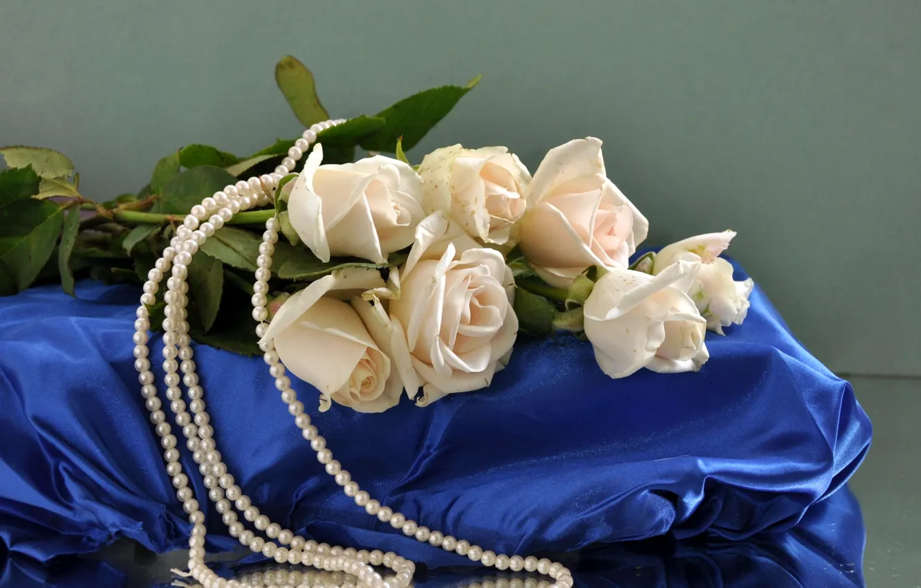 Photo wallpaper flowers, roses, bouquet, silk, pearl, beads, white, pearl