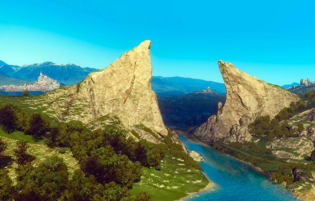 Photo wallpaper Mountains, River, Castle, Landscape, Art, The Witcher, The Witcher 3, Toussaint