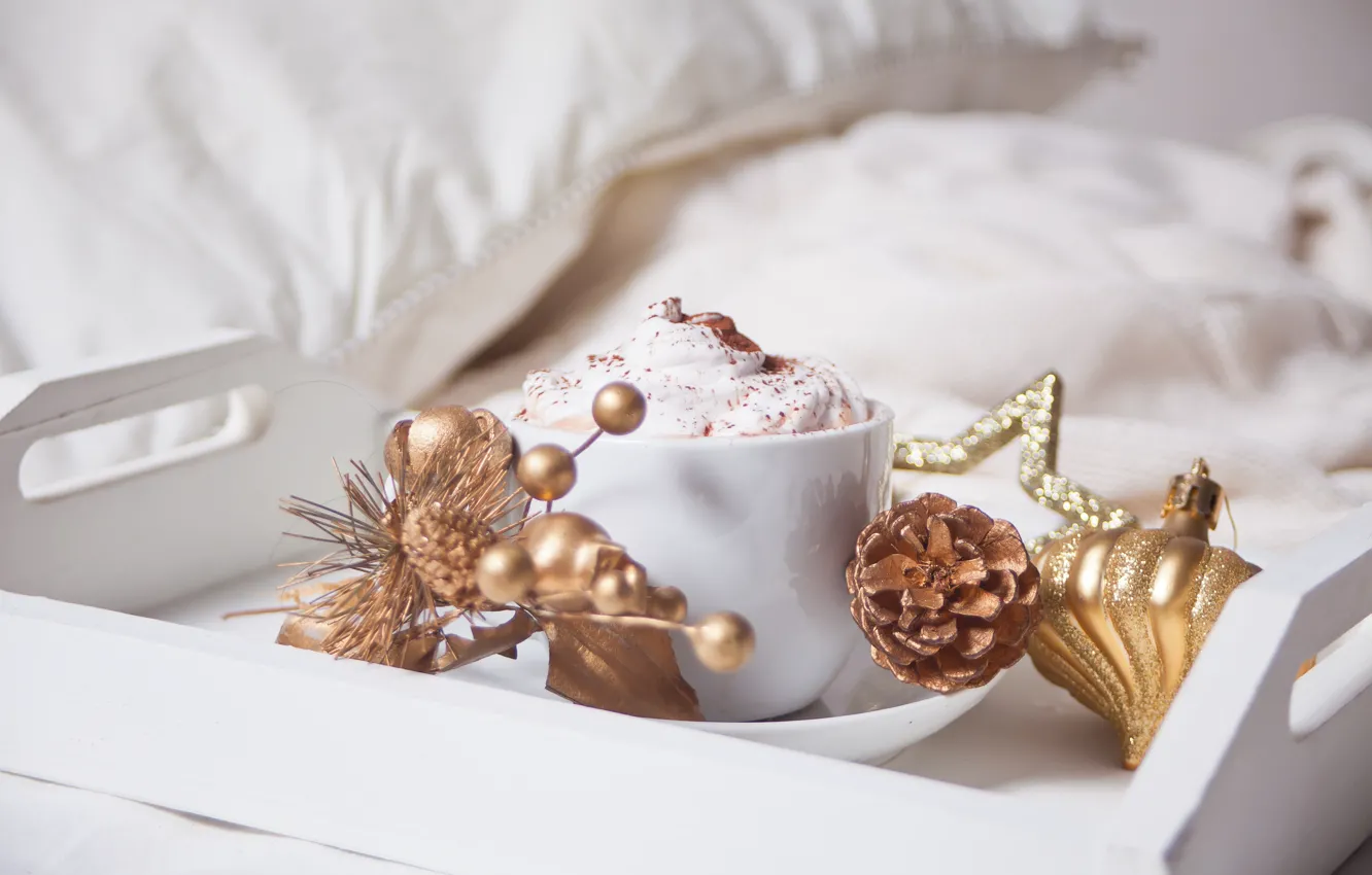 Photo wallpaper comfort, heat, toys, Cup, foam, tray, cocoa, whipped cream