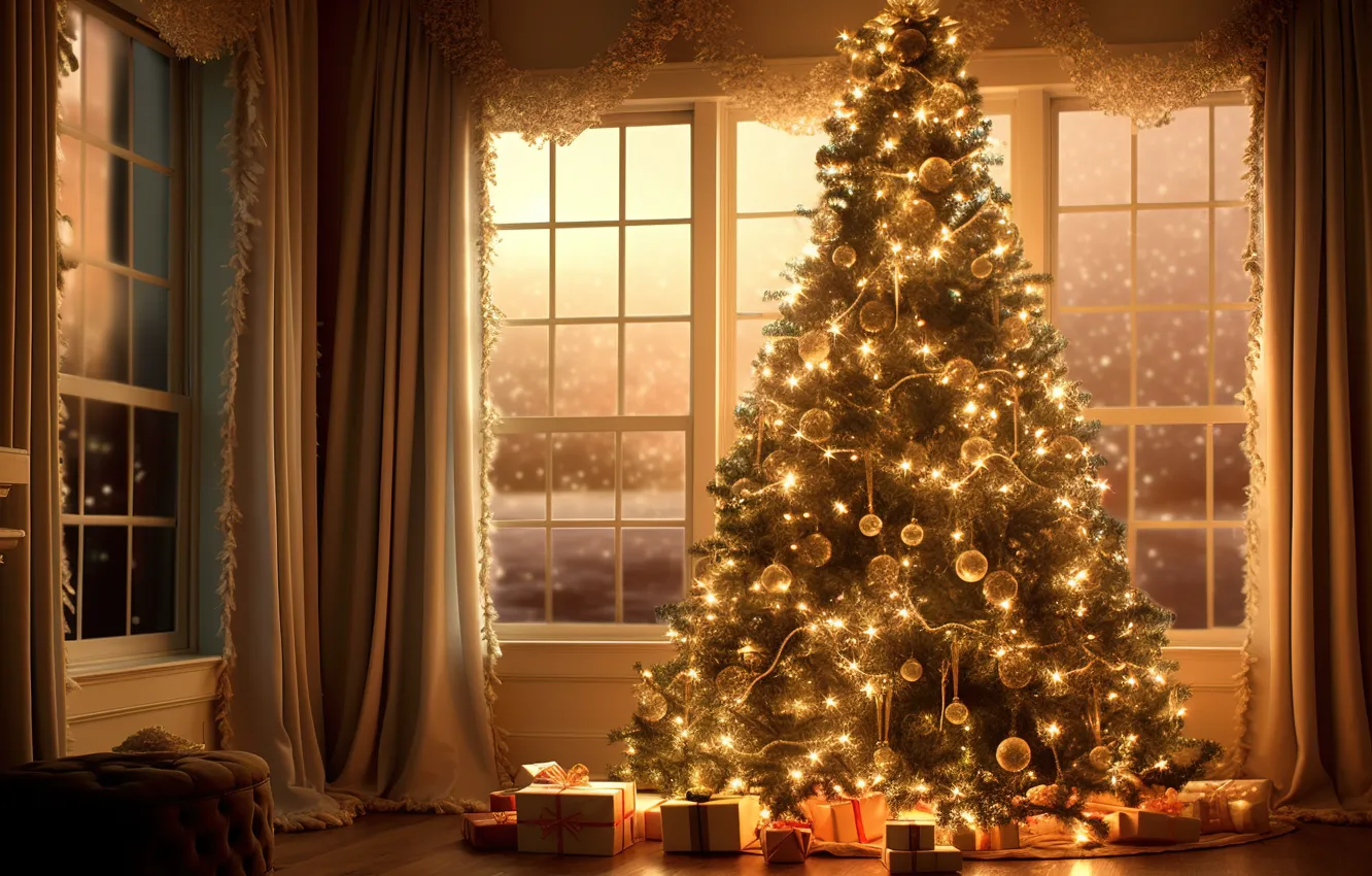 Photo wallpaper decoration, lights, room, gift, balls, tree, new year, interior