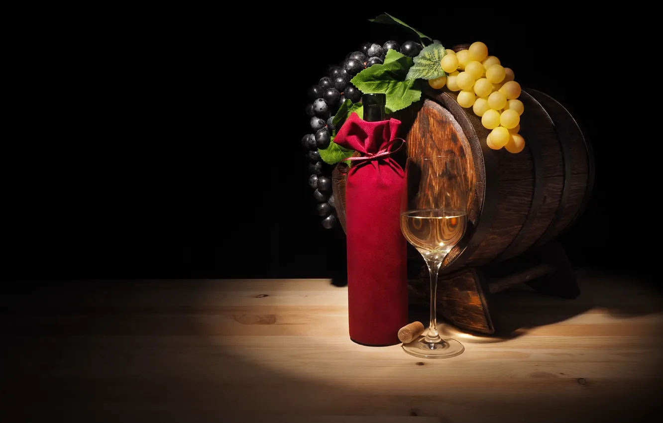 Photo wallpaper wine, glass, grapes, barrel
