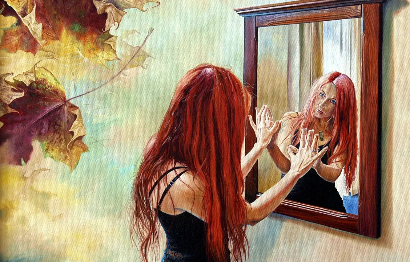 Photo wallpaper leaves, girl, reflection, mirror, Vladimir Kuklinski