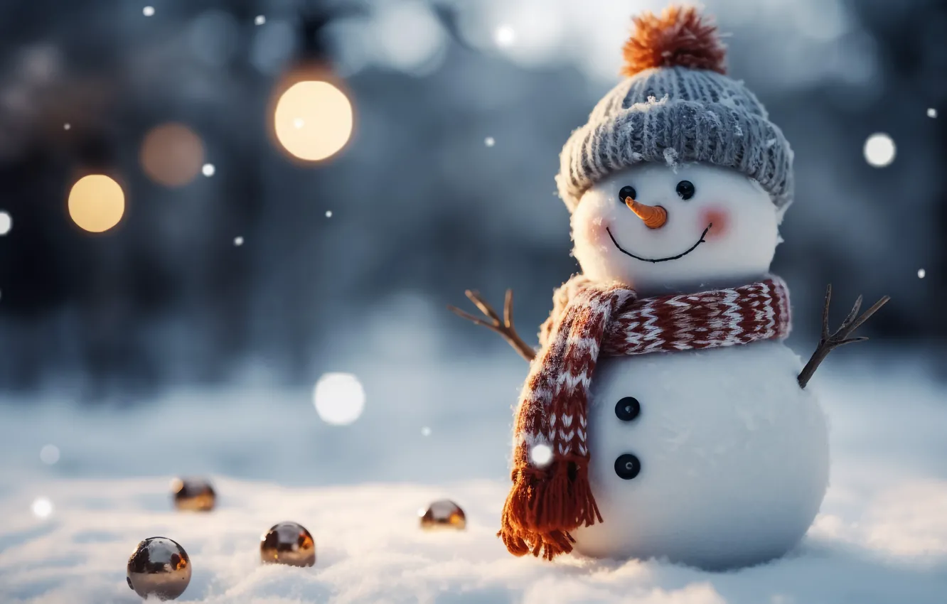Photo wallpaper winter, snow, new year, Christmas, snowman, Christmas, night, winter