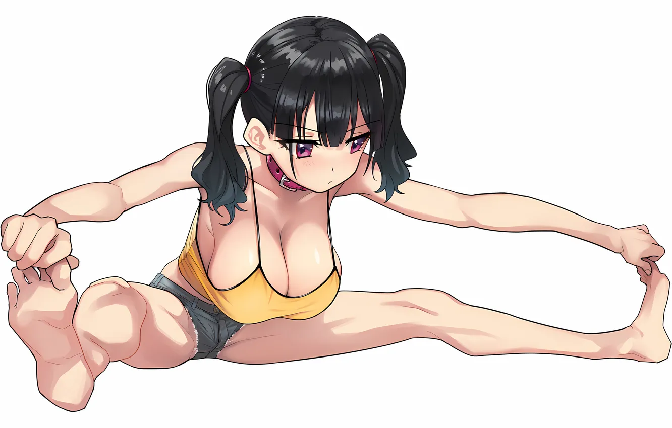 Photo wallpaper girl, sexy, cleavage, shorts, blouse, legs, boobs, anime