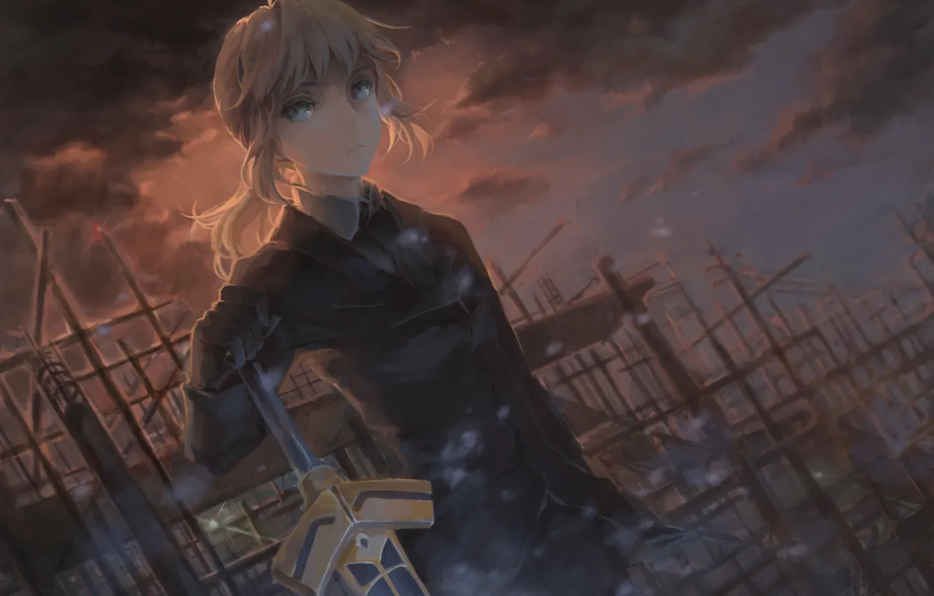 Photo wallpaper the sky, girl, clouds, weapons, sword, anime, art, saber