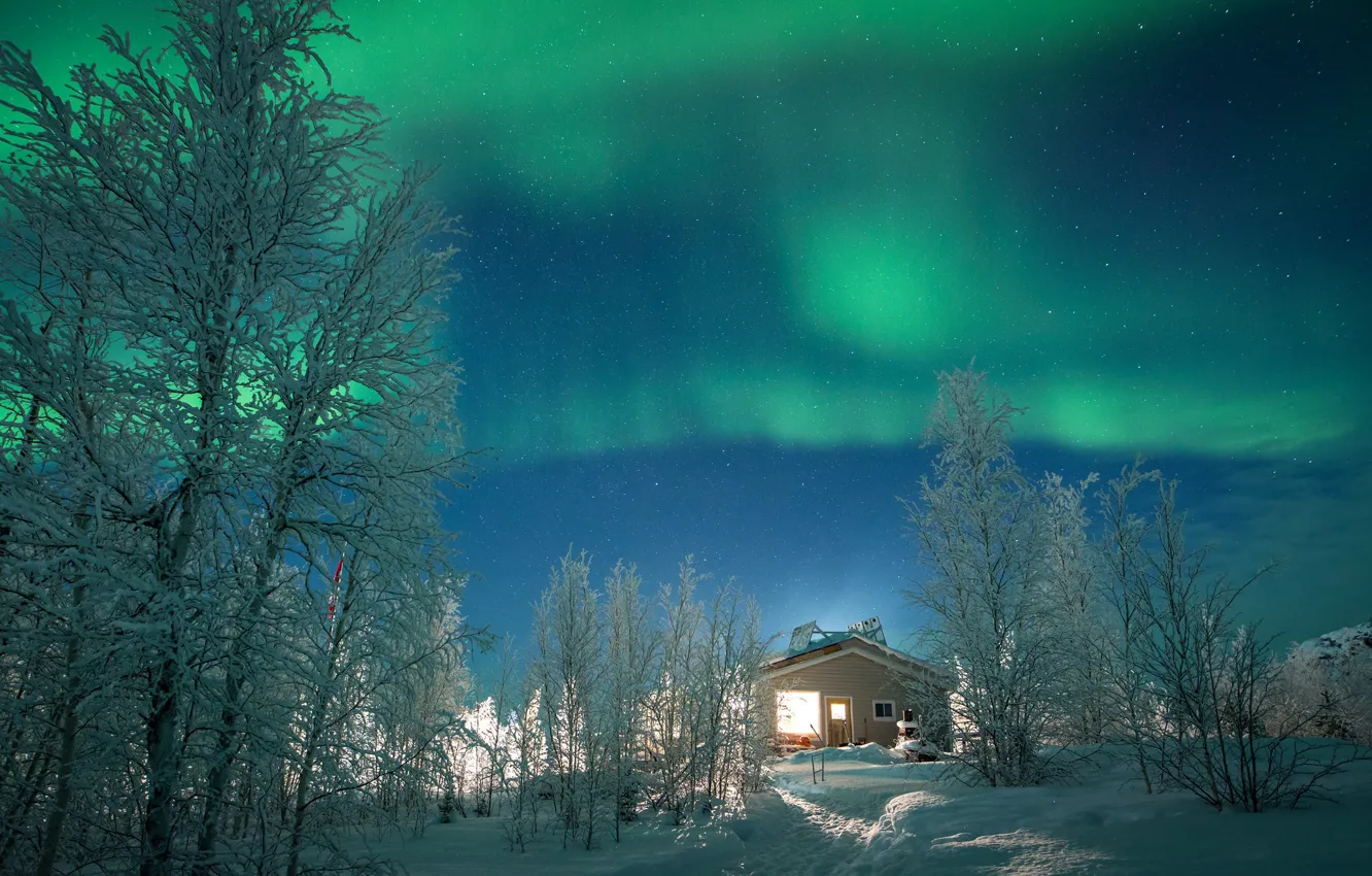 Photo wallpaper lights, house, Canada, night, winter, snow, northern lights, Aurora Borealis