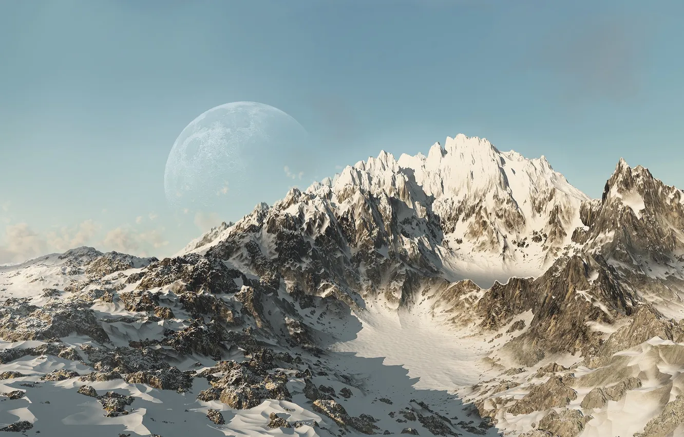 Photo wallpaper snow, mountains, fiction, planet, art, ridge