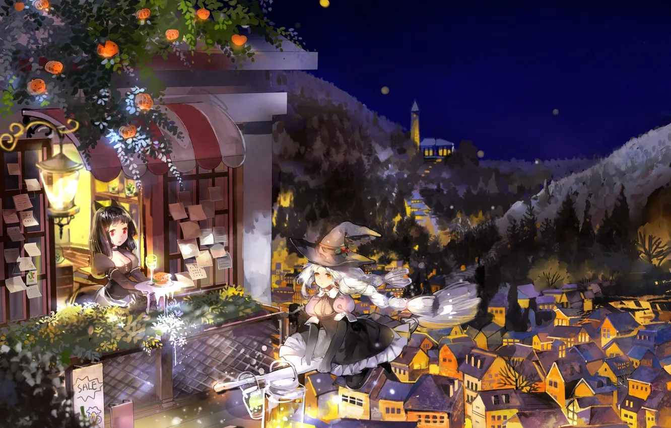 Photo wallpaper the sky, girl, mountains, night, nature, lights, home, hat