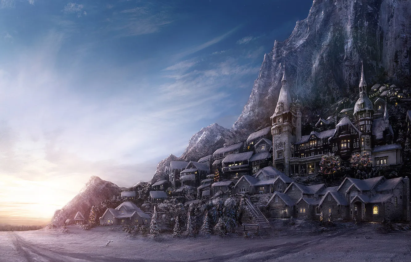 Photo wallpaper winter, mountains, winter, village, environment