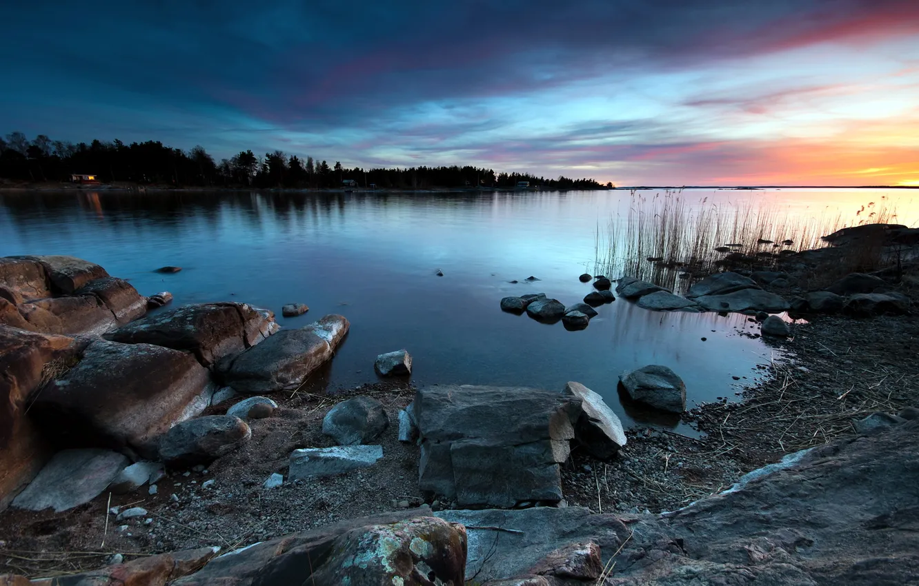 Photo wallpaper landscape, sunset, lake, stones
