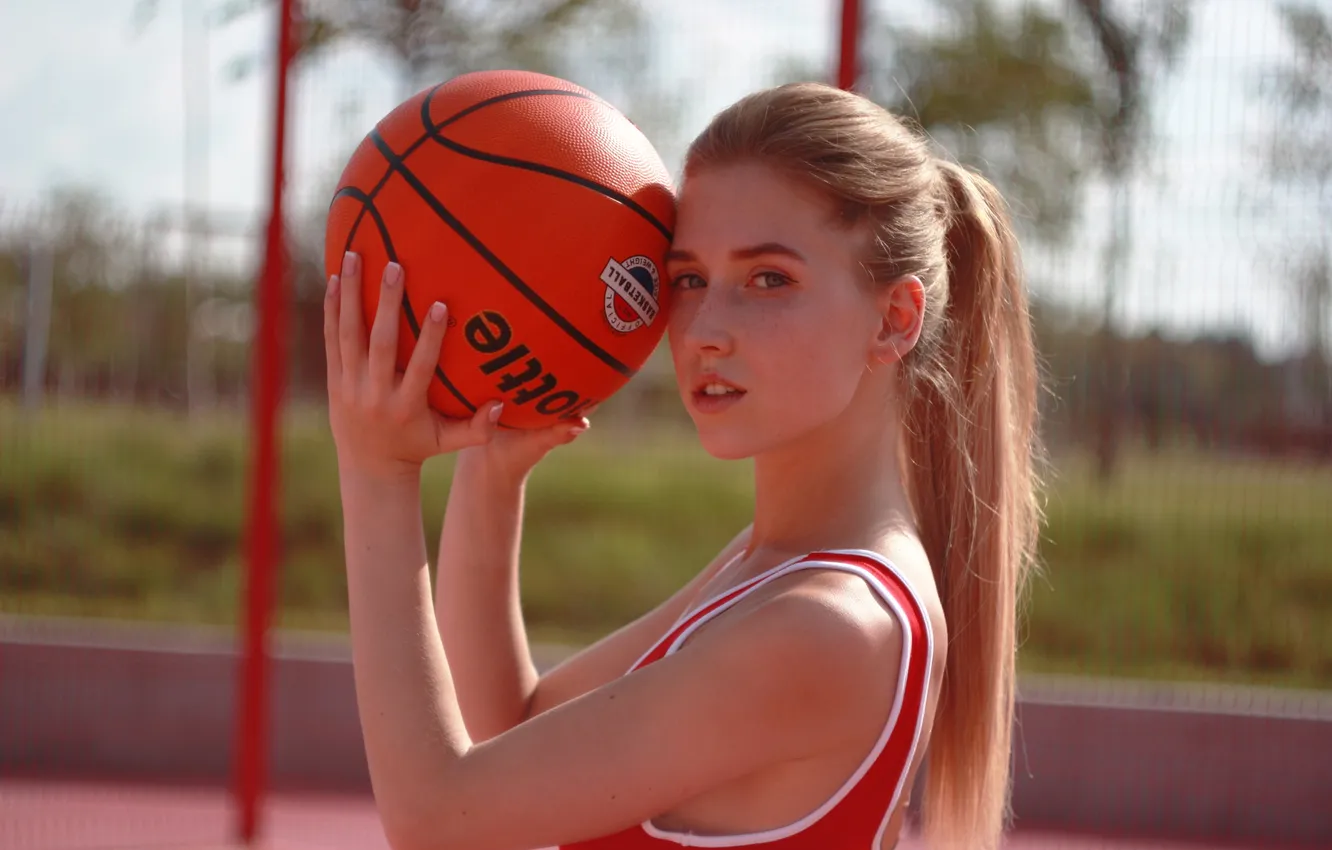 Photo wallpaper girl, sky, long hair, basketball, ponytail, model, blonde, ball