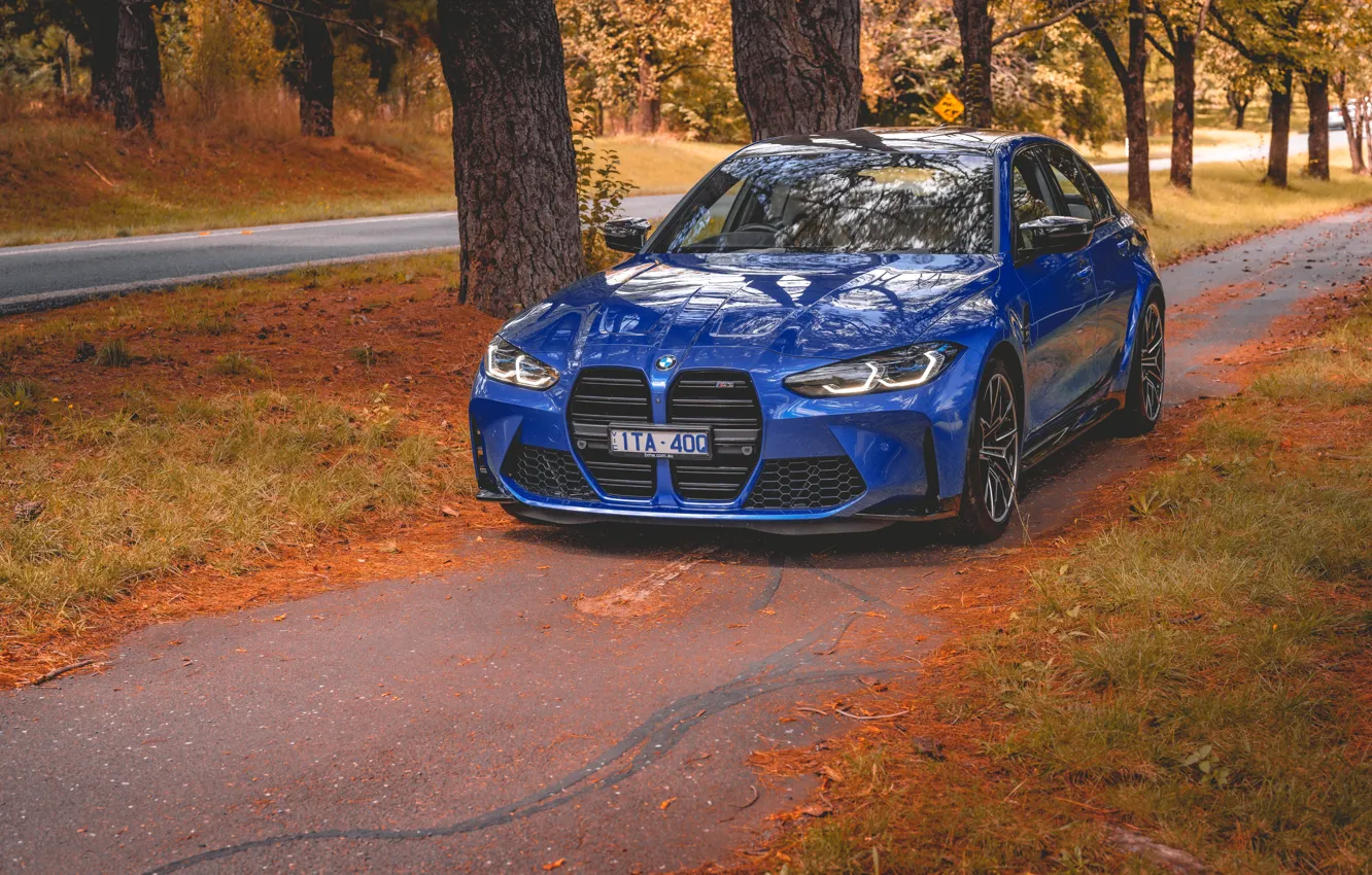 Photo wallpaper BMW, Blue, Autumn, BMW M3, Road, Sedan, Forest, G80