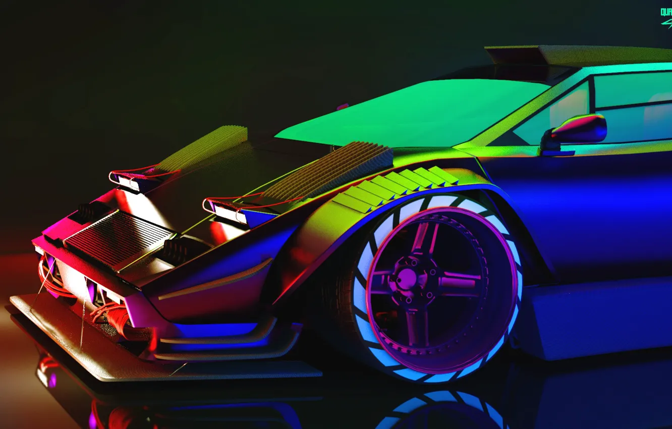 Photo wallpaper car, machine, auto, chameleon, rendering, neon, Lamborghini, art