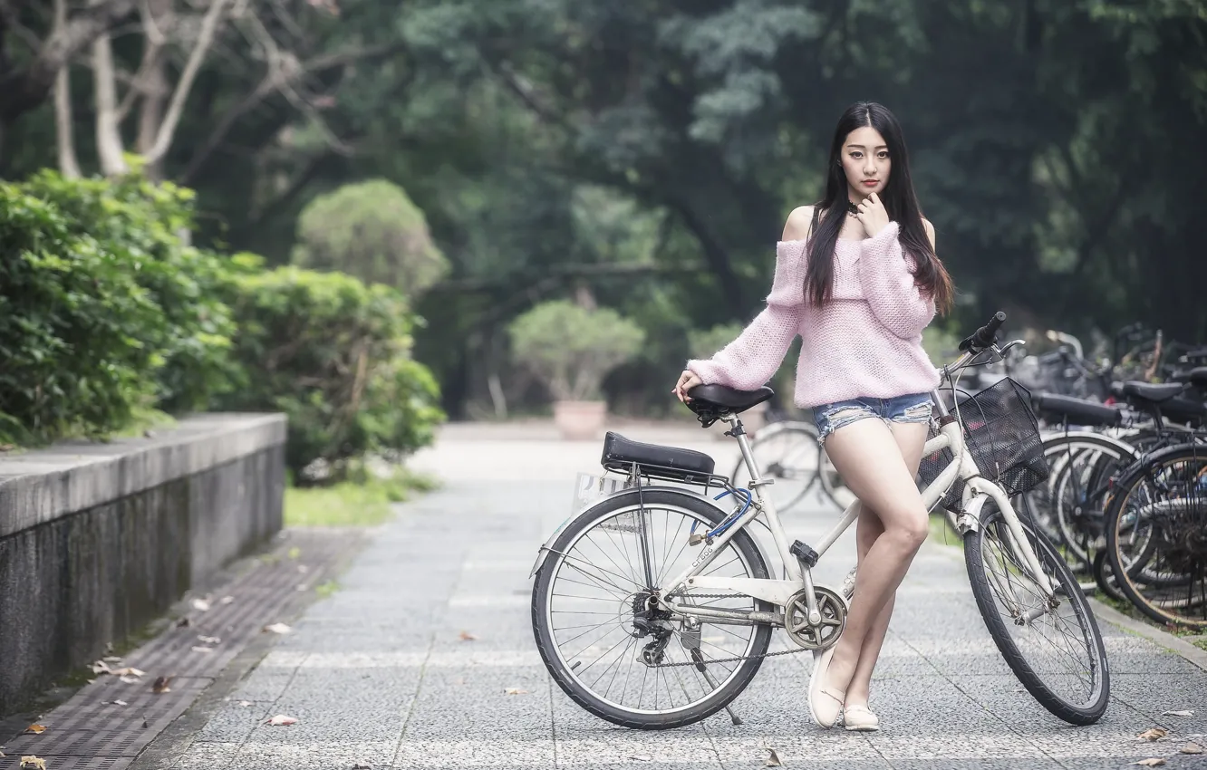 Photo wallpaper girl, bike, street, Asian
