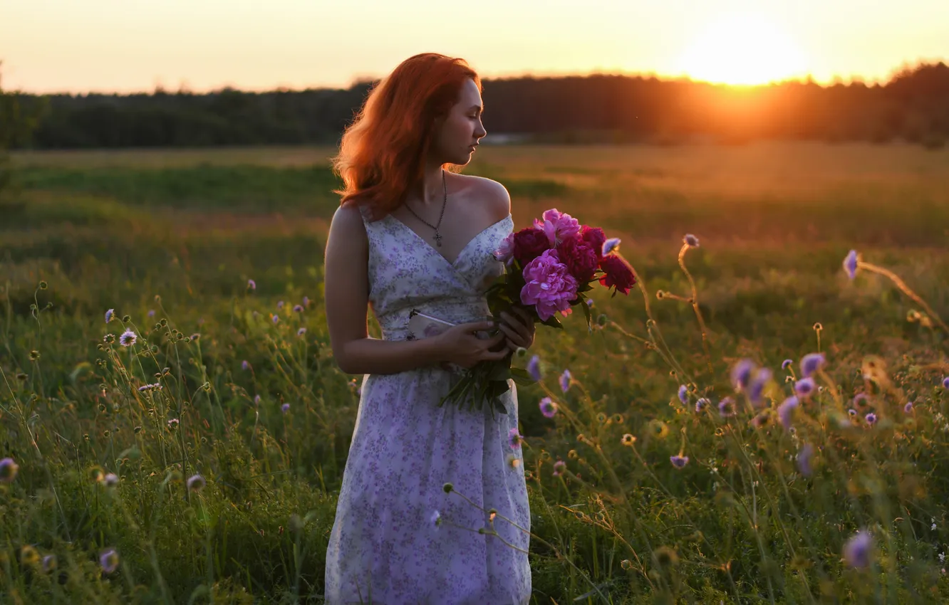 Photo wallpaper field, summer, look, girl, the sun, sunset, flowers, nature
