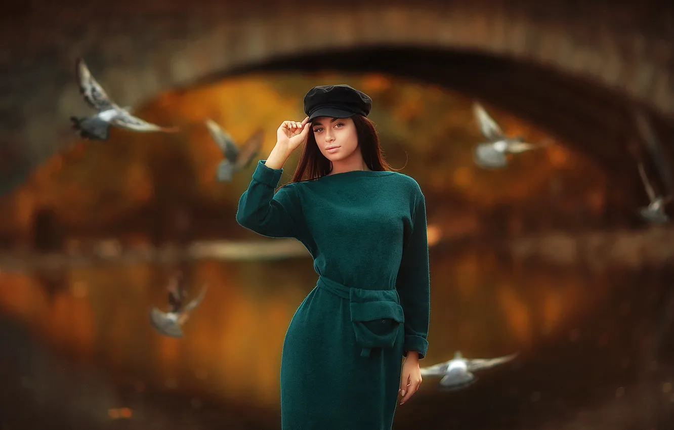 Photo wallpaper water, bridge, Girl, pigeons, takes, Arina, Dmitry Arhar