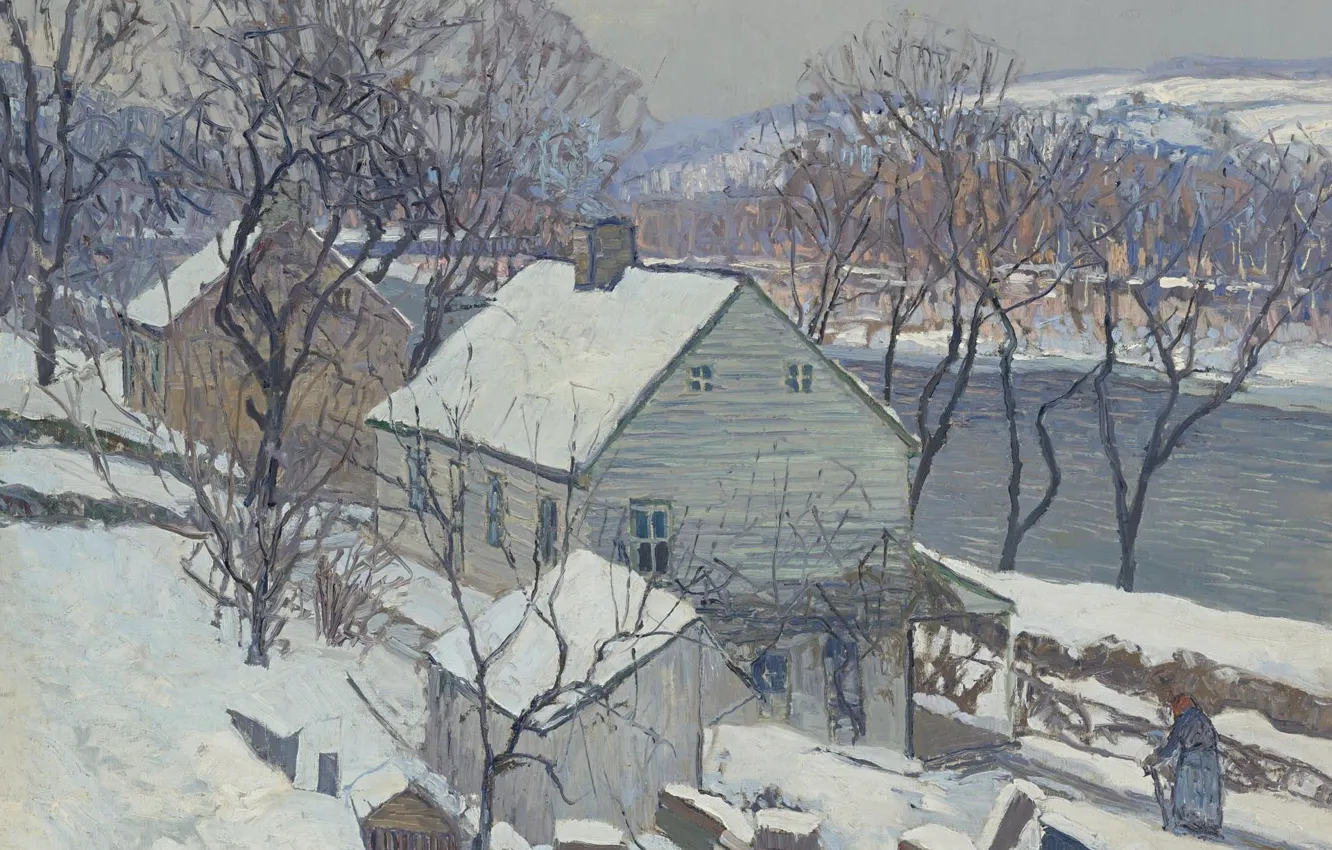 Photo wallpaper winter, landscape, house, river, picture, Edward Willis Redfield, Edward Redfield, Lamberville