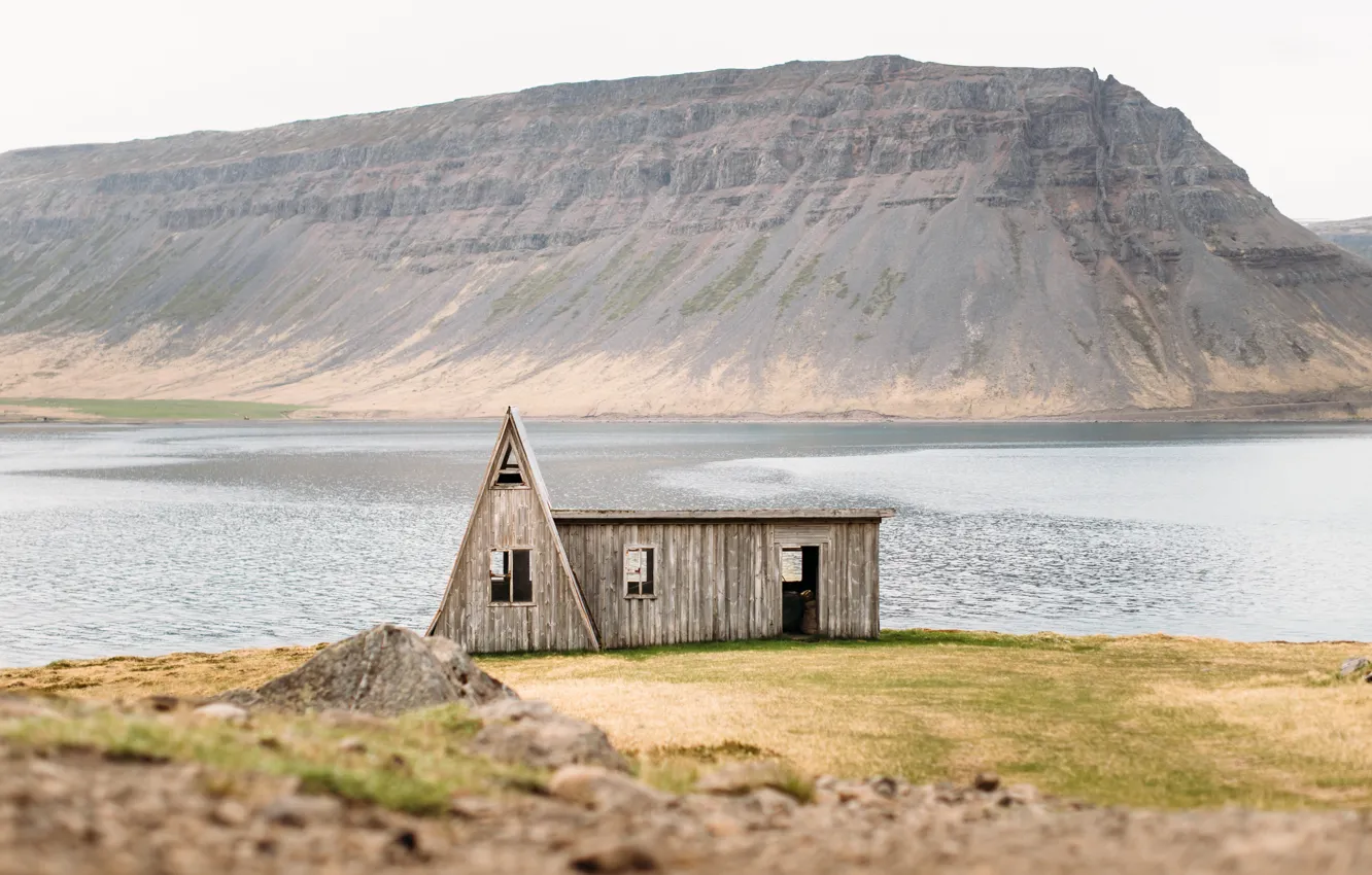 Photo wallpaper mountains, rocks, Bay, house, hut, the fjord, fishing Lodge
