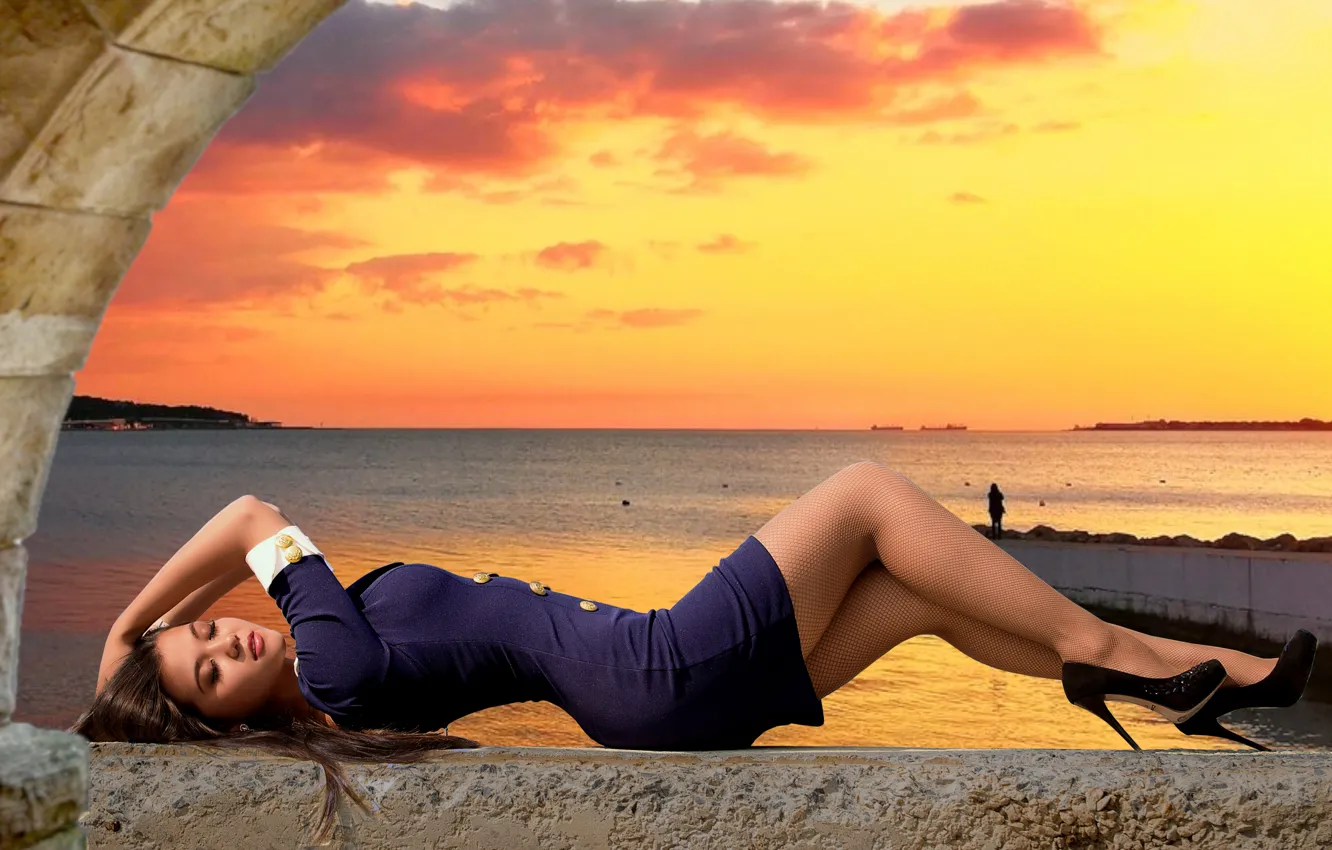 Photo wallpaper girl, dress, legs, sunset, lying