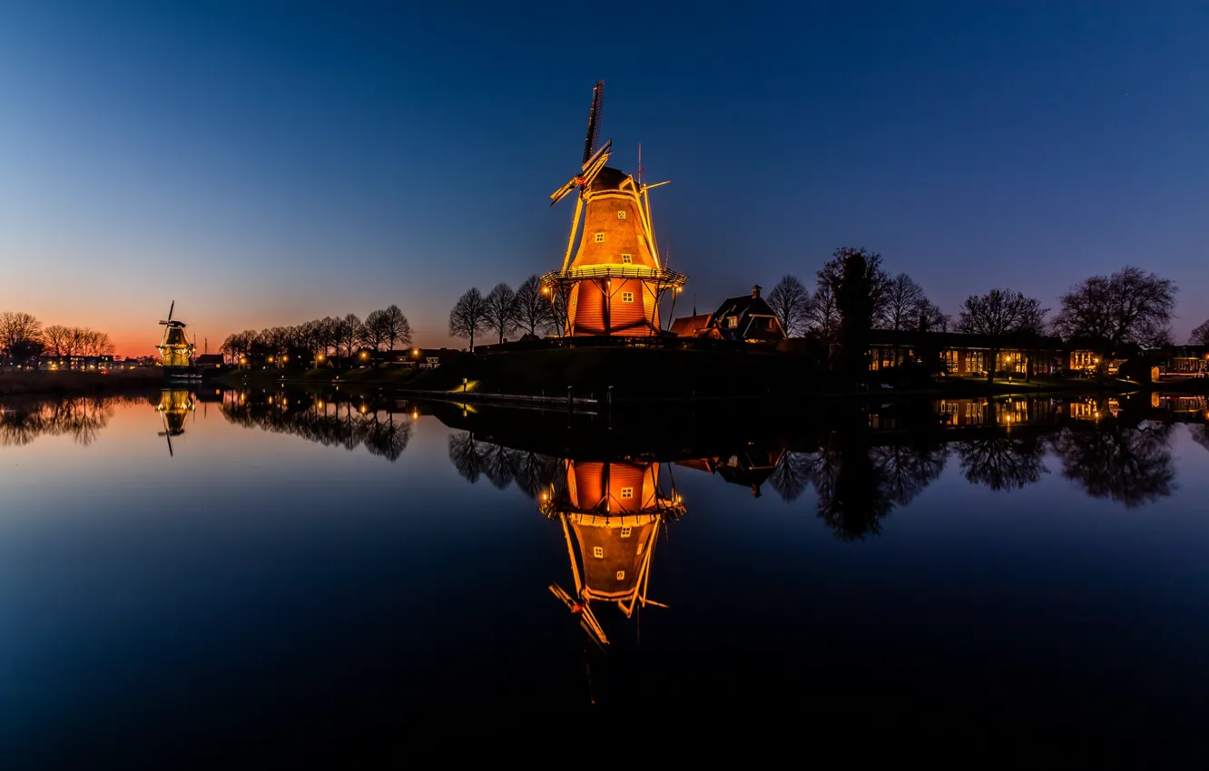 Photo wallpaper night, lights, backlight, Netherlands, Holland, Dokkum